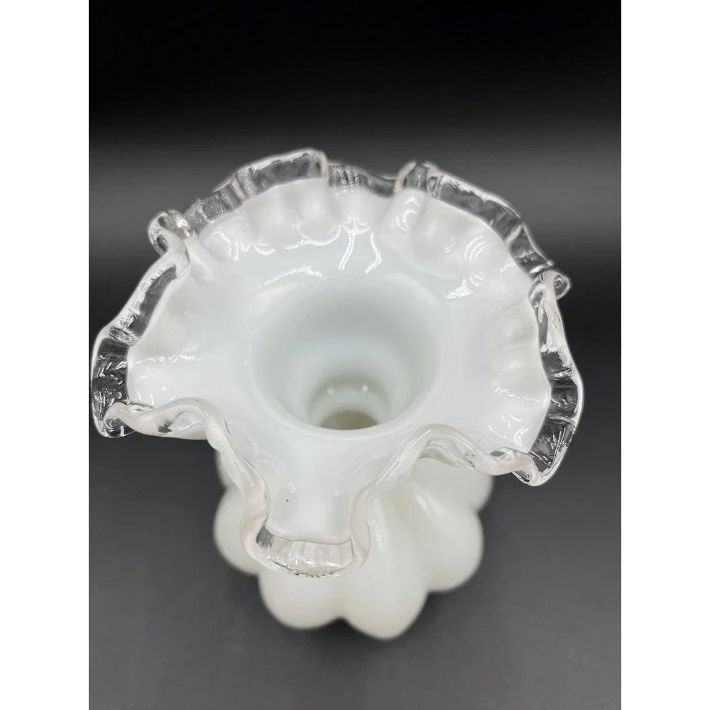 Fenton Silver Crest Milk Glass Melon Vase: Crimped Edge Flower Vase